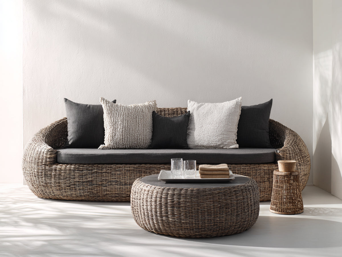 Divani da esterno - Polyrattan-Tessuto - 226x96x80 cm - Marrone scuro-Antracite - Stile organico