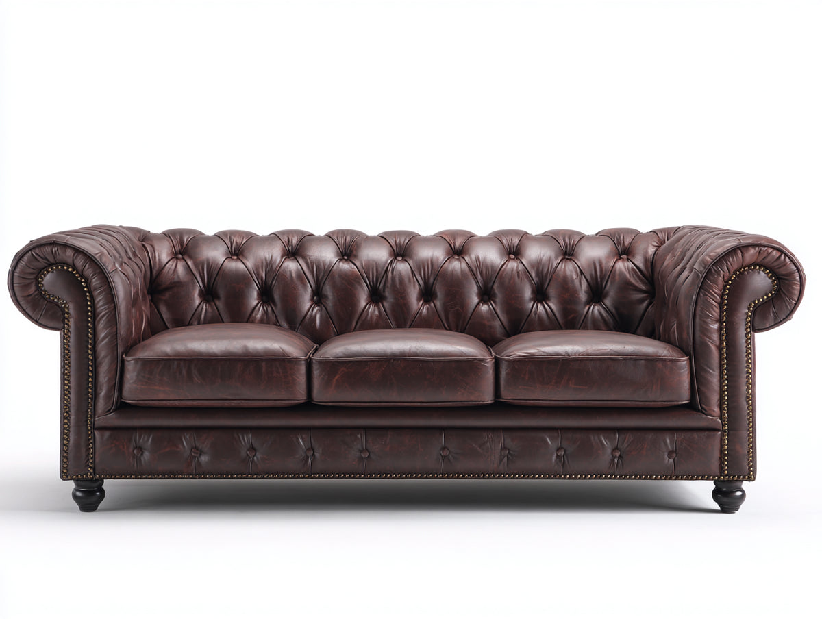Divani a 3 posti - Similpelle-Legno-Metallo - 228x98x80 cm - Marrone - Stile Chesterfield classico