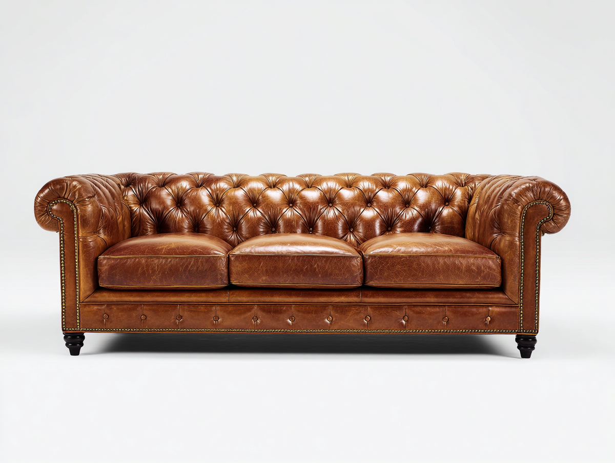 Divani a 3 posti - Similpelle-Legno-Metallo - 230x98x80 cm - Marrone cognac - Stile Chesterfield vintage