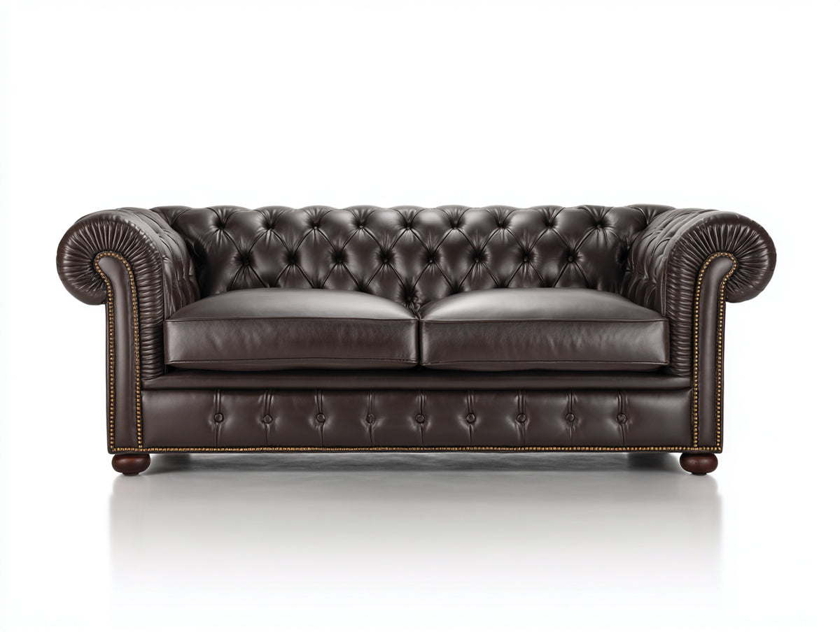 Divano a due posti - Similpelle-Legno-Metallo - 182x91x78 cm - Marrone scuro - Stile Chesterfield