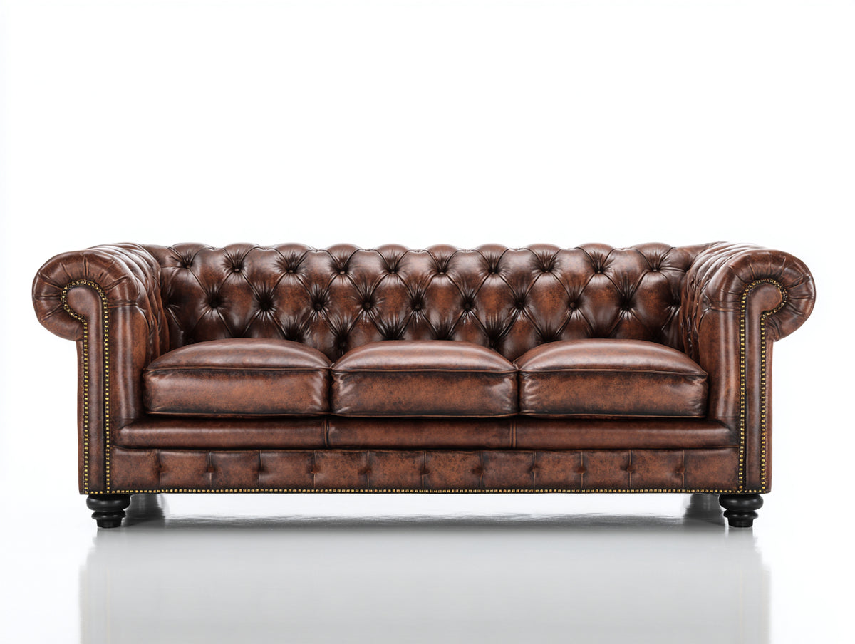 Divani a 3 posti - Similpelle-Legno-Metallo - 232x99x81 cm - Marrone - Stile Chesterfield classico