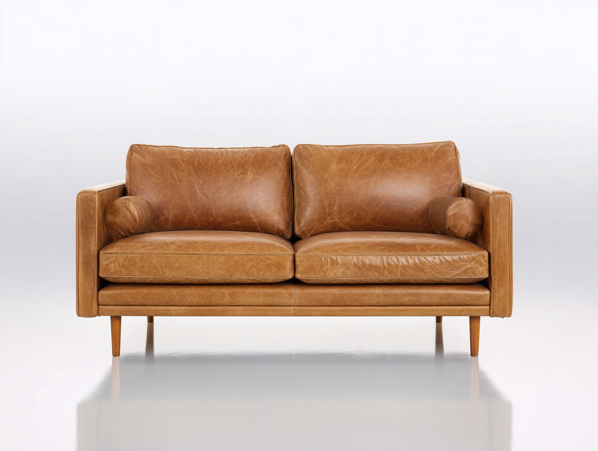 Divano a due posti - Similpelle-Legno - 178x86x82 cm - Cognac - Stile Mid-Century moderno