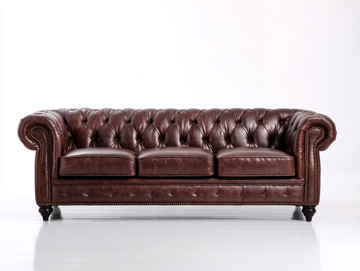 Divani a 3 posti - Similpelle-Legno-Metallo - 230x98x79 cm - Marrone - Stile Chesterfield vintage