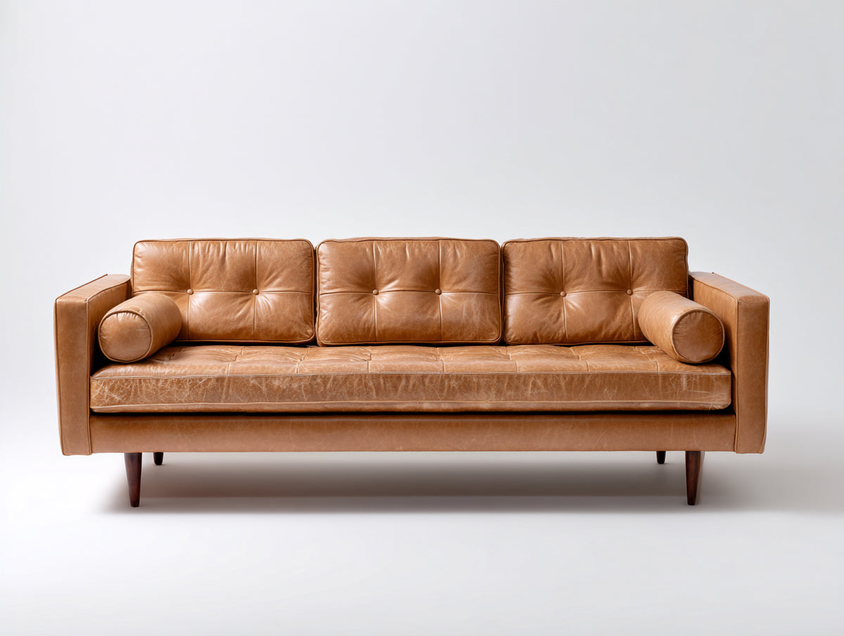 Divani a 3 posti - Similpelle-Legno - 218x91x82 cm - Cognac - Stile moderno di metà secolo