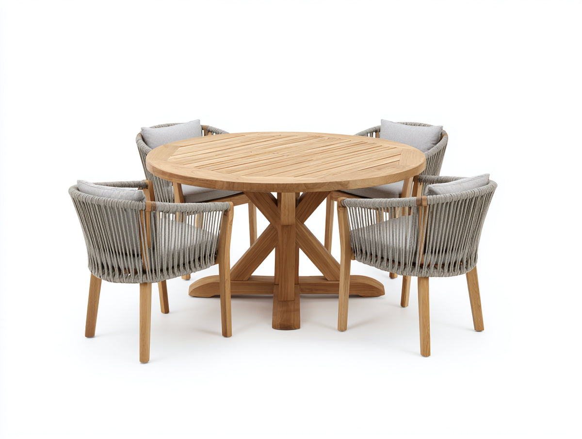 Set da pranzo da esterno - Legno-Corda-Tessuto - 135x135x75 cm - Naturale-Grigio chiaro - Stile moderno