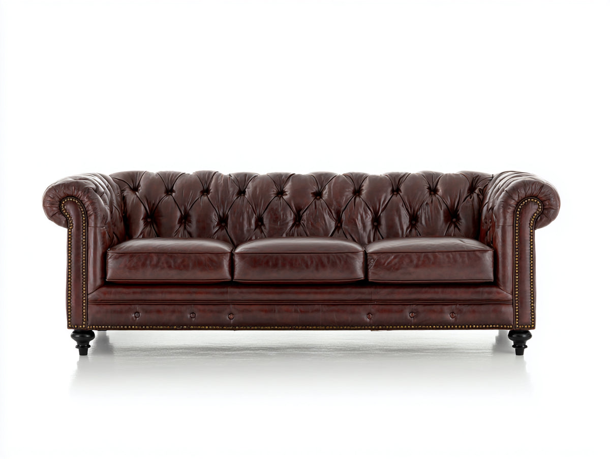 Divani a 3 posti - Similpelle-Legno-Metallo - 226x97x79 cm - Marrone scuro - Stile Chesterfield vintage