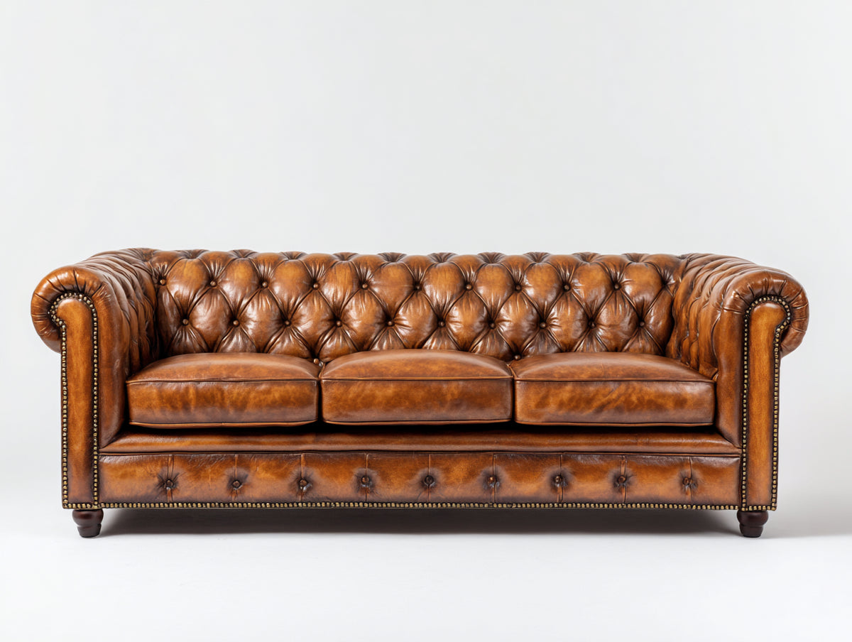 Divani a 3 posti - Similpelle-Legno-Metallo - 231x98x80 cm - Marrone cognac - Stile Chesterfield vintage