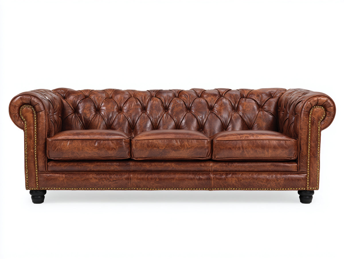 Divani a 3 posti - Similpelle-Legno-Metallo - 233x100x81 cm - Marrone cognac - Stile Chesterfield vintage