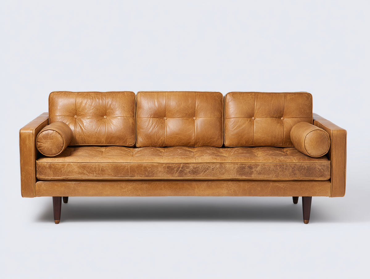 Divani a 3 posti - Similpelle-Legno - 220x90x82 cm - Cognac - Stile moderno di metà secolo